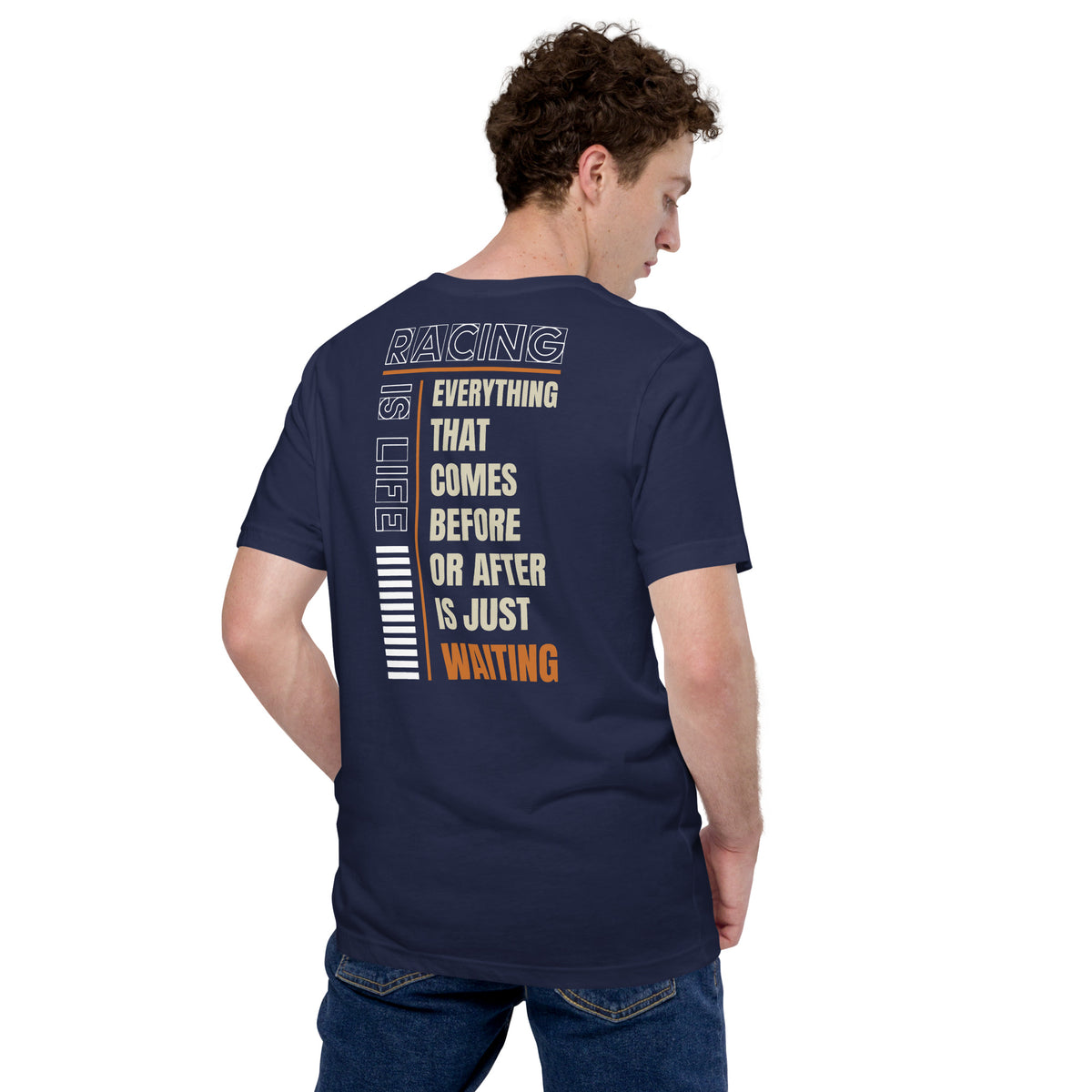 Racing Is Life Tee, Navy back view (3) — Marque automotive apparel