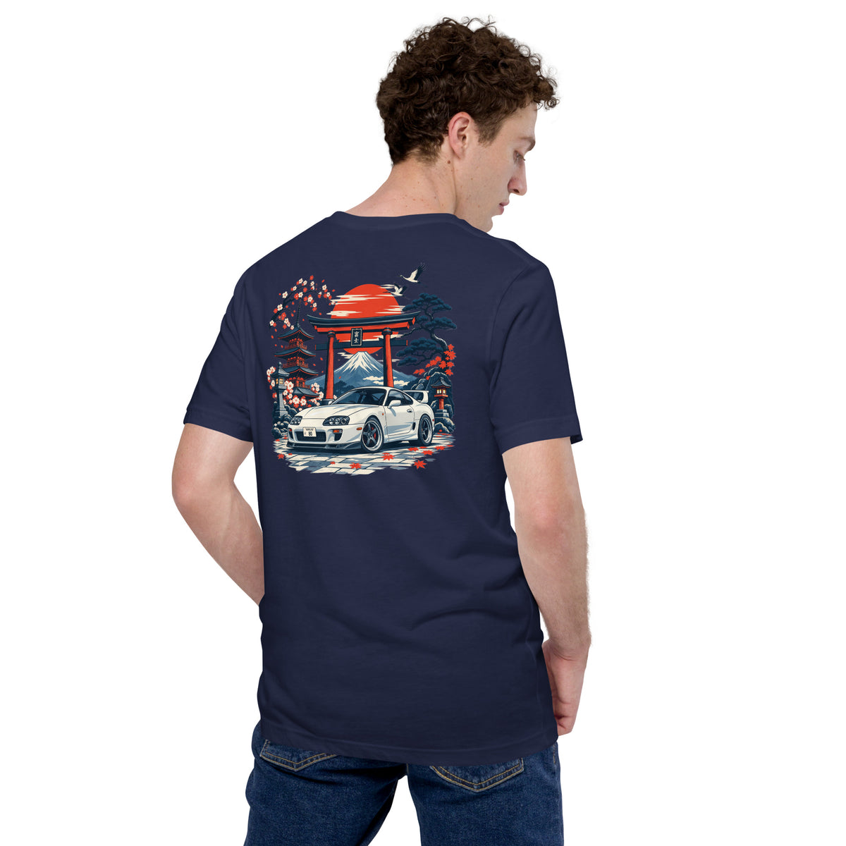 Navy A80 back print tee worn from behind, white coupe and pagoda artwork in full colour