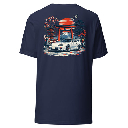 Navy A80 back print t-shirt laid flat, vermilion torii and Mount Fuji behind the white coupe