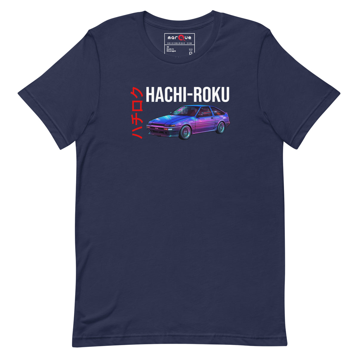 Hachi-Roku Tee — AE86 Neon graphic t-shirt, Navy front view — Marque automotive apparel
