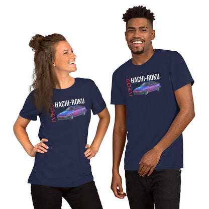 Hachi-Roku Tee — AE86 Neon graphic t-shirt, Navy front view (2) — Marque automotive apparel
