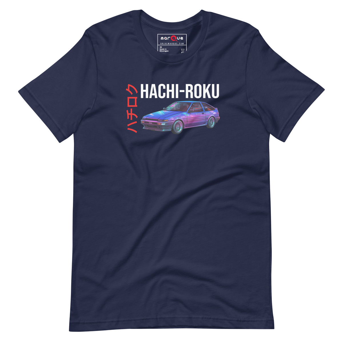 Hachi-Roku Tee — AE86 Neon graphic t-shirt, Navy front view (4) — Marque automotive apparel