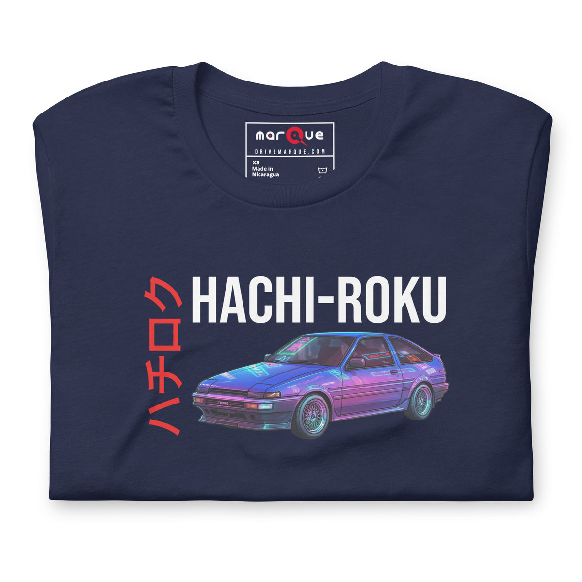 Hachi-Roku Tee — AE86 Neon graphic t-shirt, Navy front view (5) — Marque automotive apparel