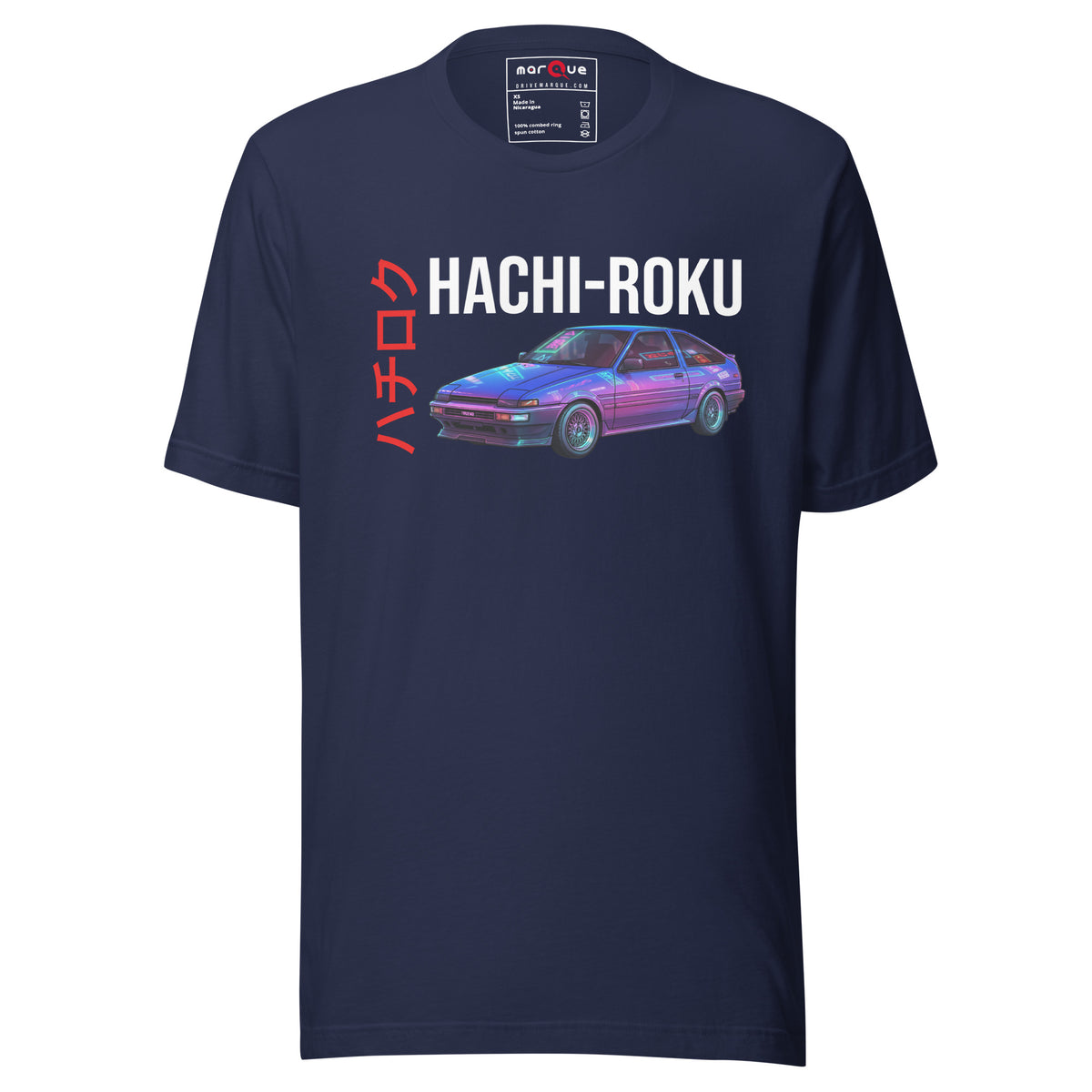 Hachi-Roku Tee — AE86 Neon graphic t-shirt, Navy front view (6) — Marque automotive apparel
