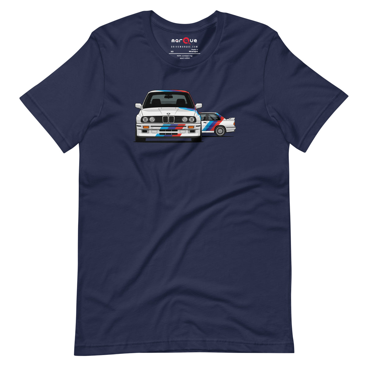 E30 Box Flare Tee — Widebody Icon graphic t-shirt, Navy front view — Marque automotive apparel