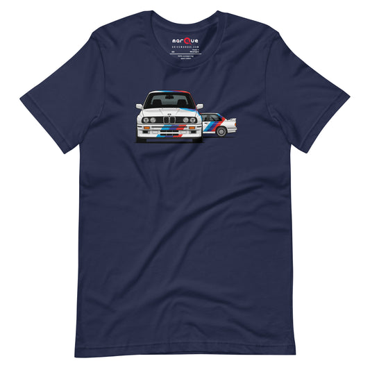 E30 Box Flare Tee — Widebody Icon graphic t-shirt, Navy front view — Marque automotive apparel