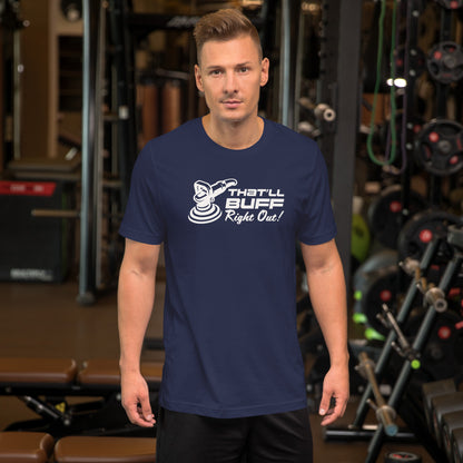 That'll Buff Right Out Tee — Optimism, Applied graphic t-shirt, Navy front view (3) — Marque automotive apparel