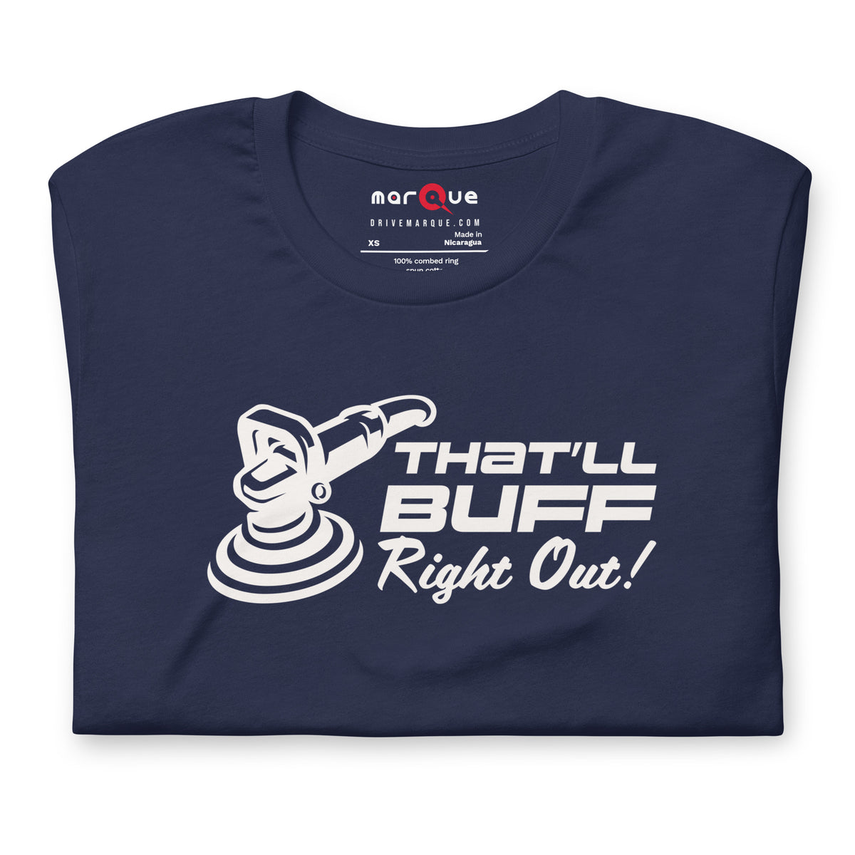 That'll Buff Right Out Tee — Optimism, Applied graphic t-shirt, Navy front view (2) — Marque automotive apparel