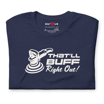 That'll Buff Right Out Tee — Optimism, Applied graphic t-shirt, Navy front view (2) — Marque automotive apparel