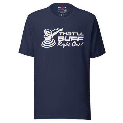 That'll Buff Right Out Tee — Optimism, Applied graphic t-shirt, Navy front view — Marque automotive apparel