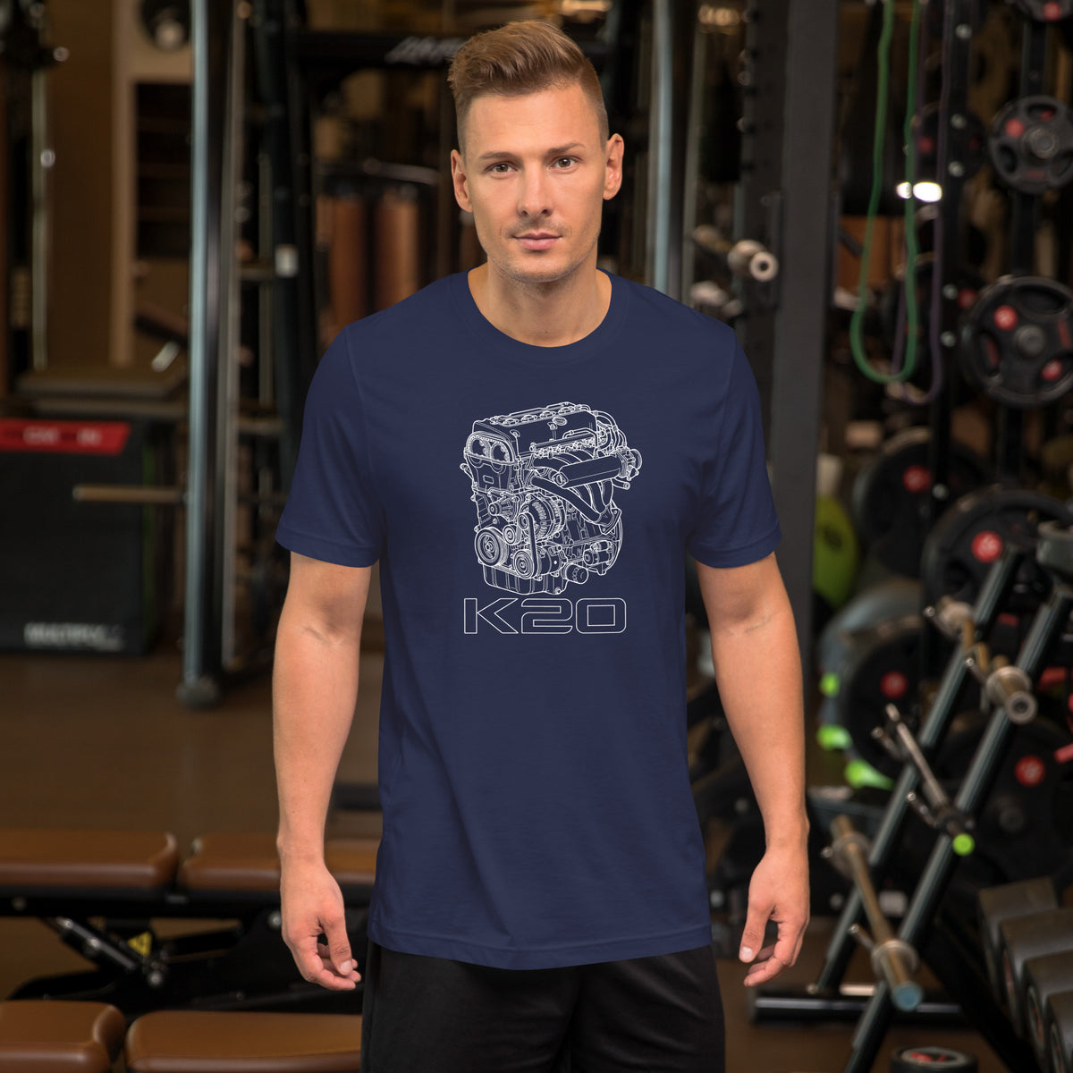 K20 Blueprint Tee — High-Rev Inline-Four graphic t-shirt, Navy front view (2) — Marque automotive apparel
