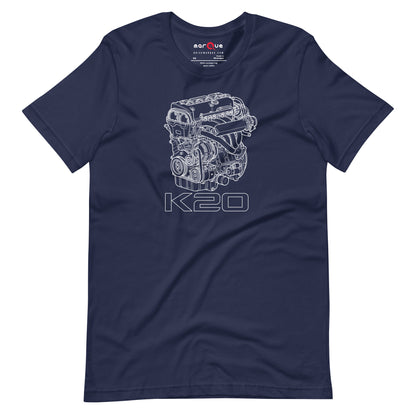 K20 Blueprint Tee — High-Rev Inline-Four graphic t-shirt, Navy front view — Marque automotive apparel