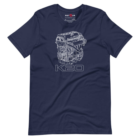 K20 Blueprint Tee — High-Rev Inline-Four graphic t-shirt, Navy front view — Marque automotive apparel
