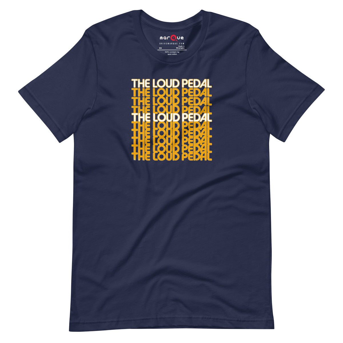 Loud Pedal Tee — Right Foot Down graphic t-shirt, Navy front view — Marque automotive apparel