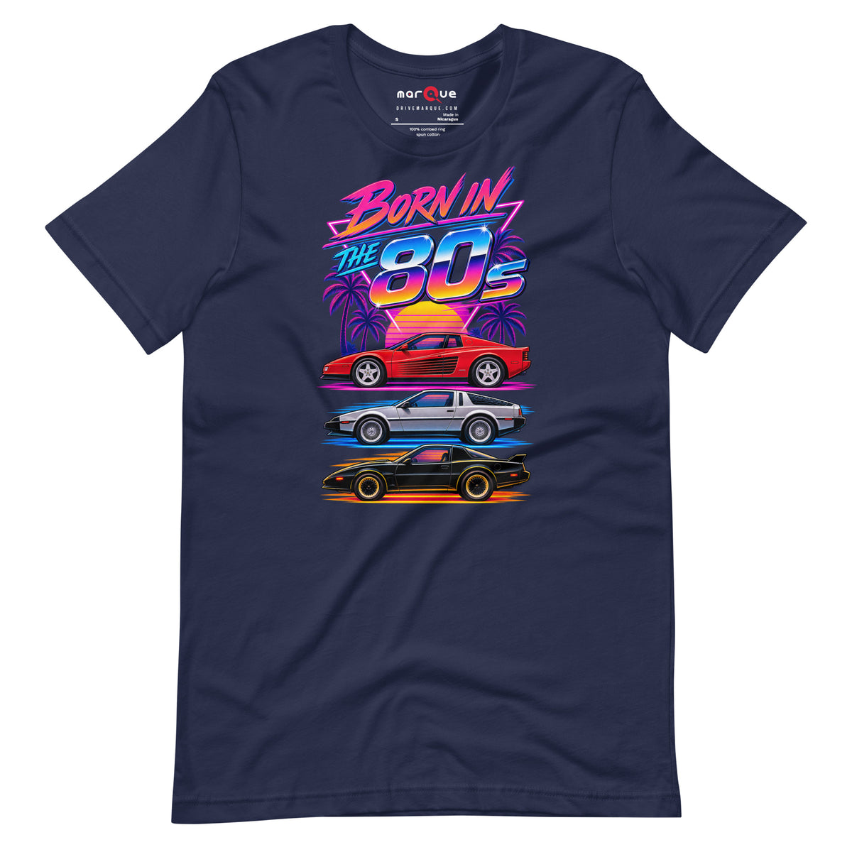 Born in the 80s tee, Navy front view — Marque automotive apparel