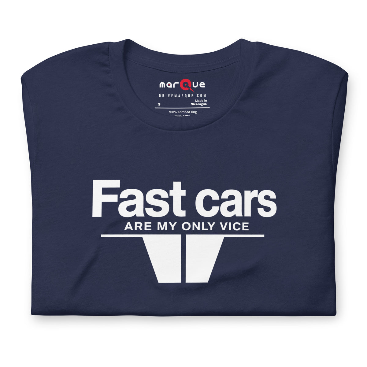 Fast Cars Are My Only Vice Tee, Navy front view — Marque automotive apparel
