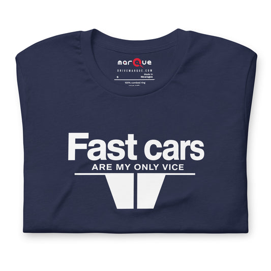 Fast Cars Are My Only Vice Tee, Navy front view — Marque automotive apparel