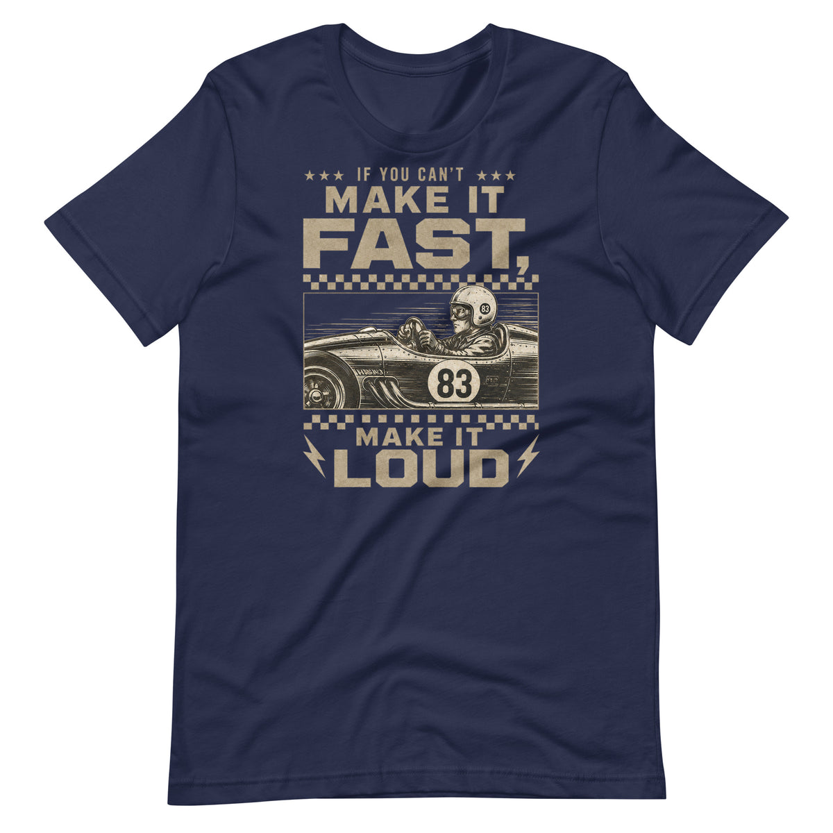 Can't Make It Fast, Make It Loud Tee, Navy front view — Marque automotive apparel