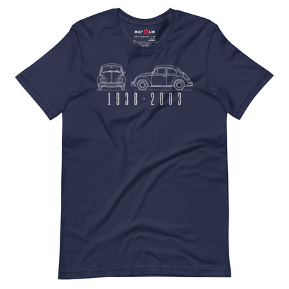 The Original Bug Tee, Navy front view — air-cooled bug blueprint line art, Marque automotive apparel