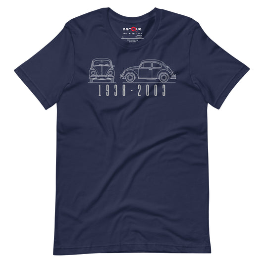 The Original Bug Tee, Navy front view — air-cooled bug blueprint line art, Marque automotive apparel