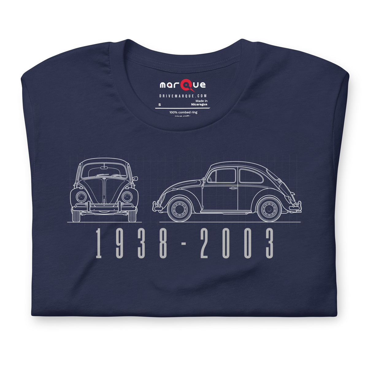 The Original Bug Tee, Navy — folded flat lay, front print detail, Marque automotive apparel