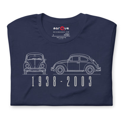 The Original Bug Tee, Navy — folded flat lay, front print detail, Marque automotive apparel
