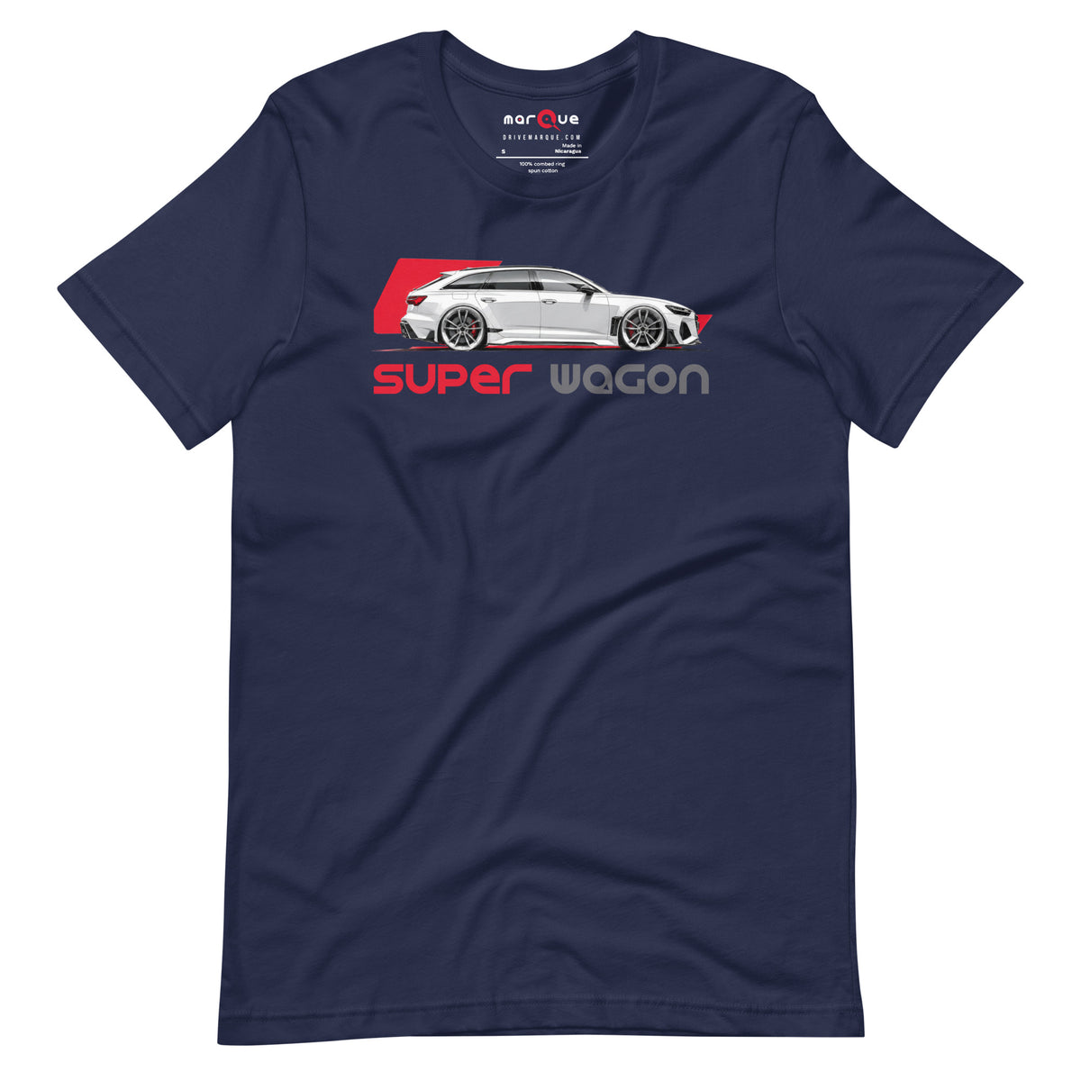 Super Wagon Tee, Navy front view — wide-arch super-estate side profile print, Marque automotive apparel