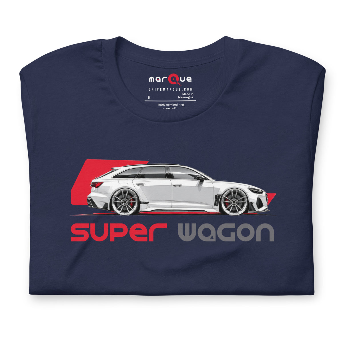 Super Wagon Tee, Navy — folded flat lay, front print detail, Marque automotive apparel