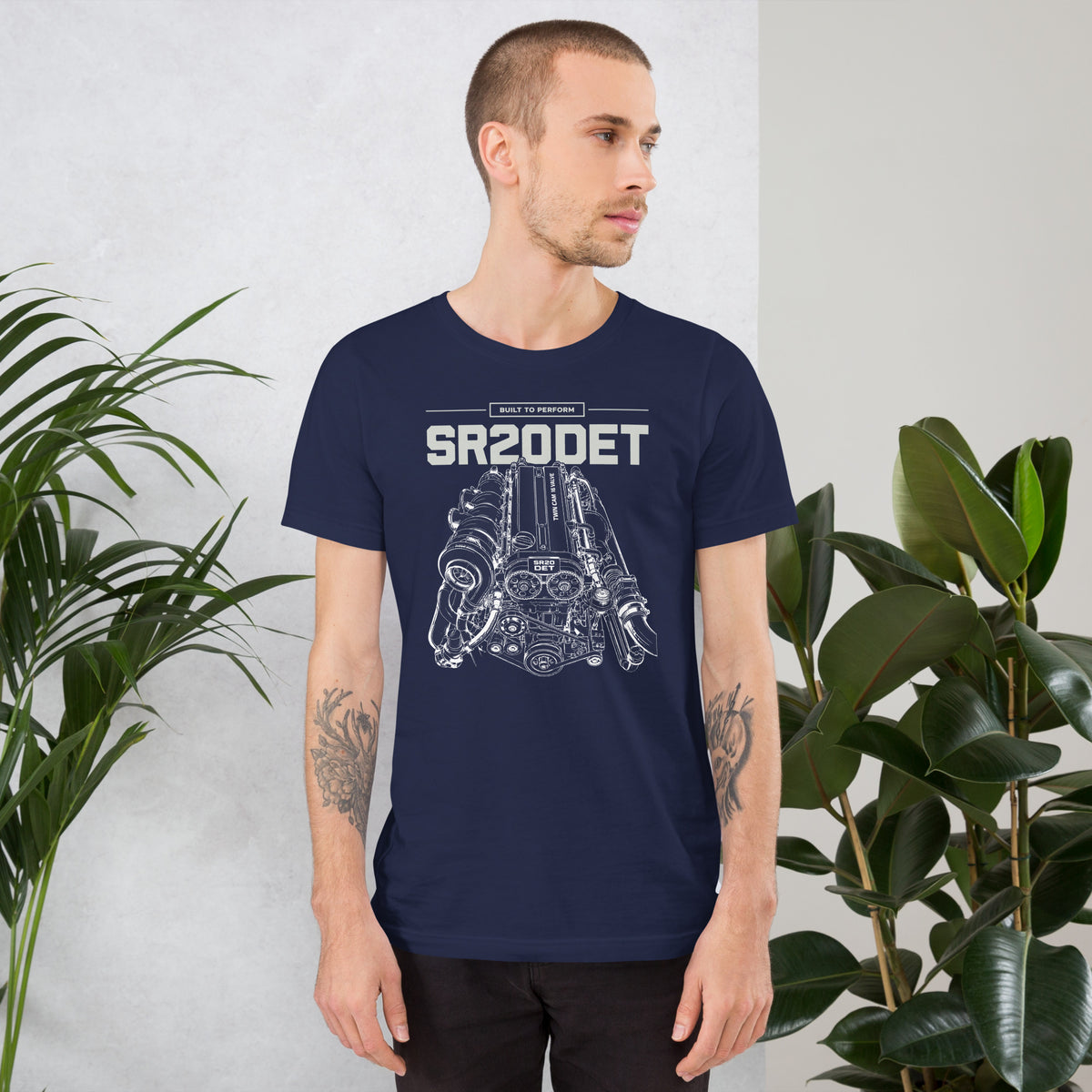 SR20DET Tee, Navy front view — twin-cam turbo engine line art, Marque automotive apparel