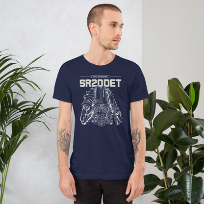 SR20DET Tee, Navy front view — twin-cam turbo engine line art, Marque automotive apparel