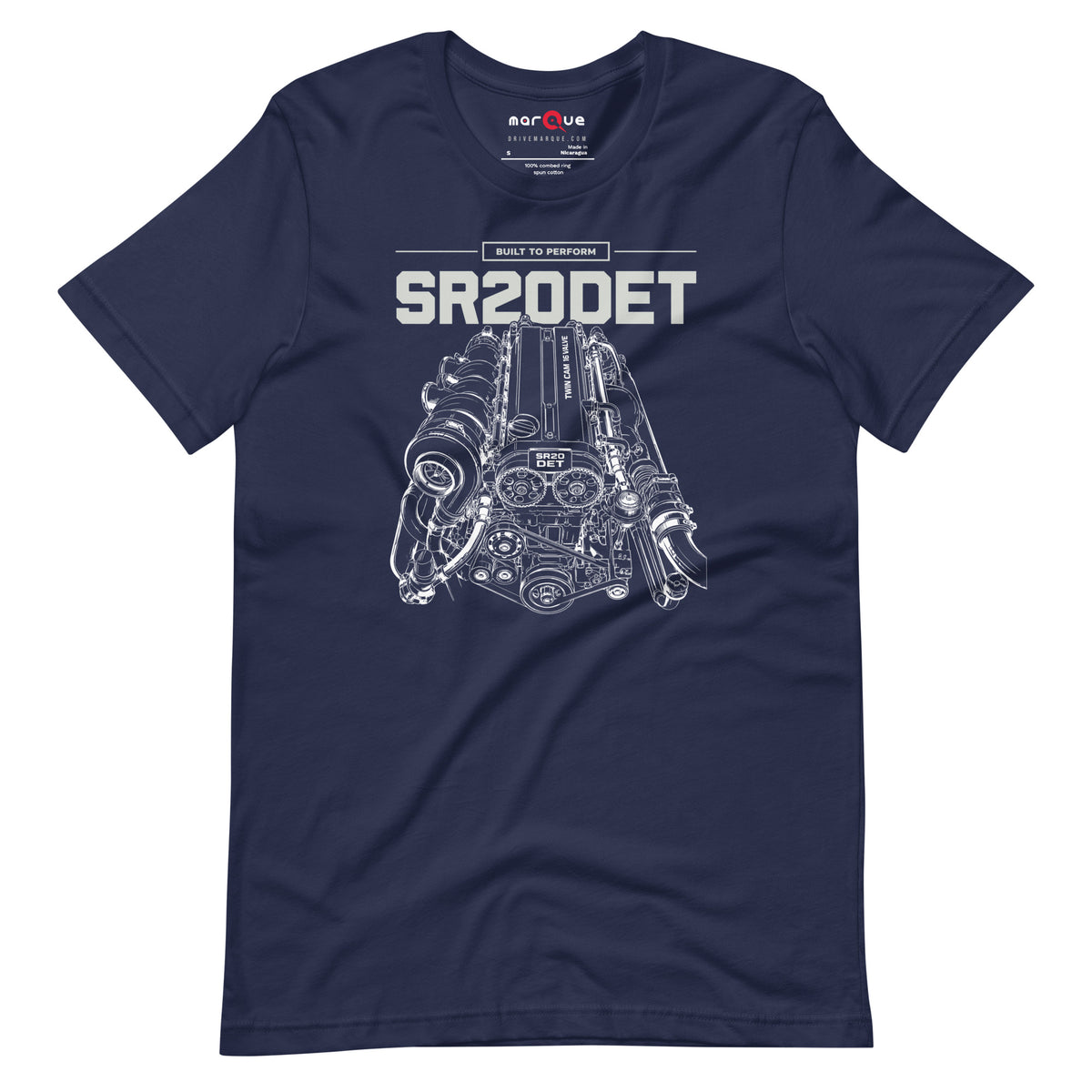SR20DET Tee, Navy flat lay — twin-cam turbo engine line art, Marque automotive apparel