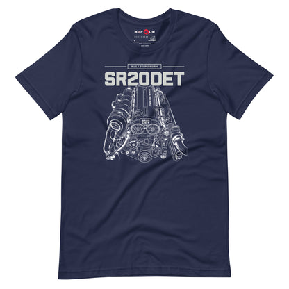 SR20DET Tee, Navy flat lay — twin-cam turbo engine line art, Marque automotive apparel