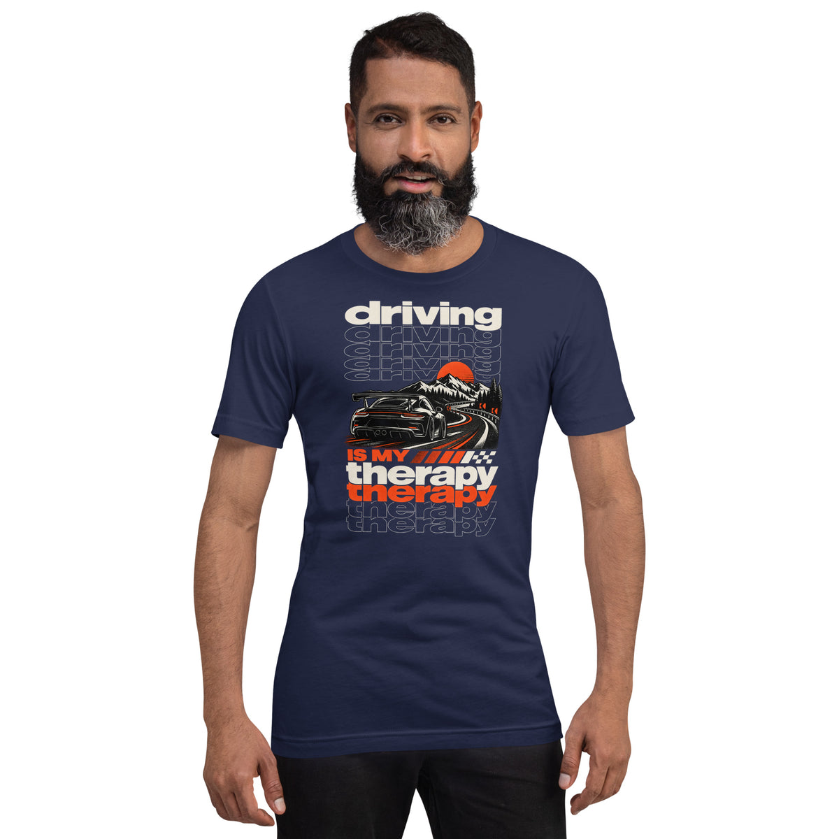 Navy driving is my therapy tee worn front-on, print centred on the chest