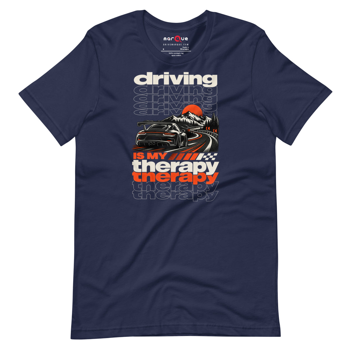 Navy driving is my therapy t-shirt — stacked echo type over a wide-body coupe on a mountain pass