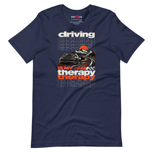 Navy driving is my therapy t-shirt — stacked echo type over a wide-body coupe on a mountain pass
