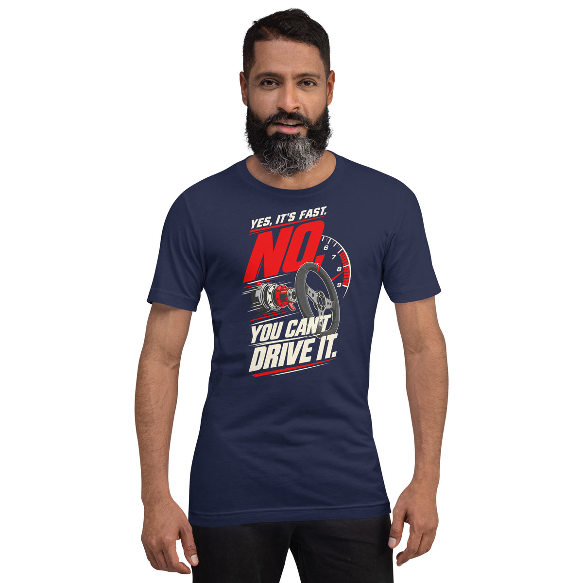 Yes It's Fast, No You Can't Drive It t-shirt, Navy front view (2) — Marque automotive apparel