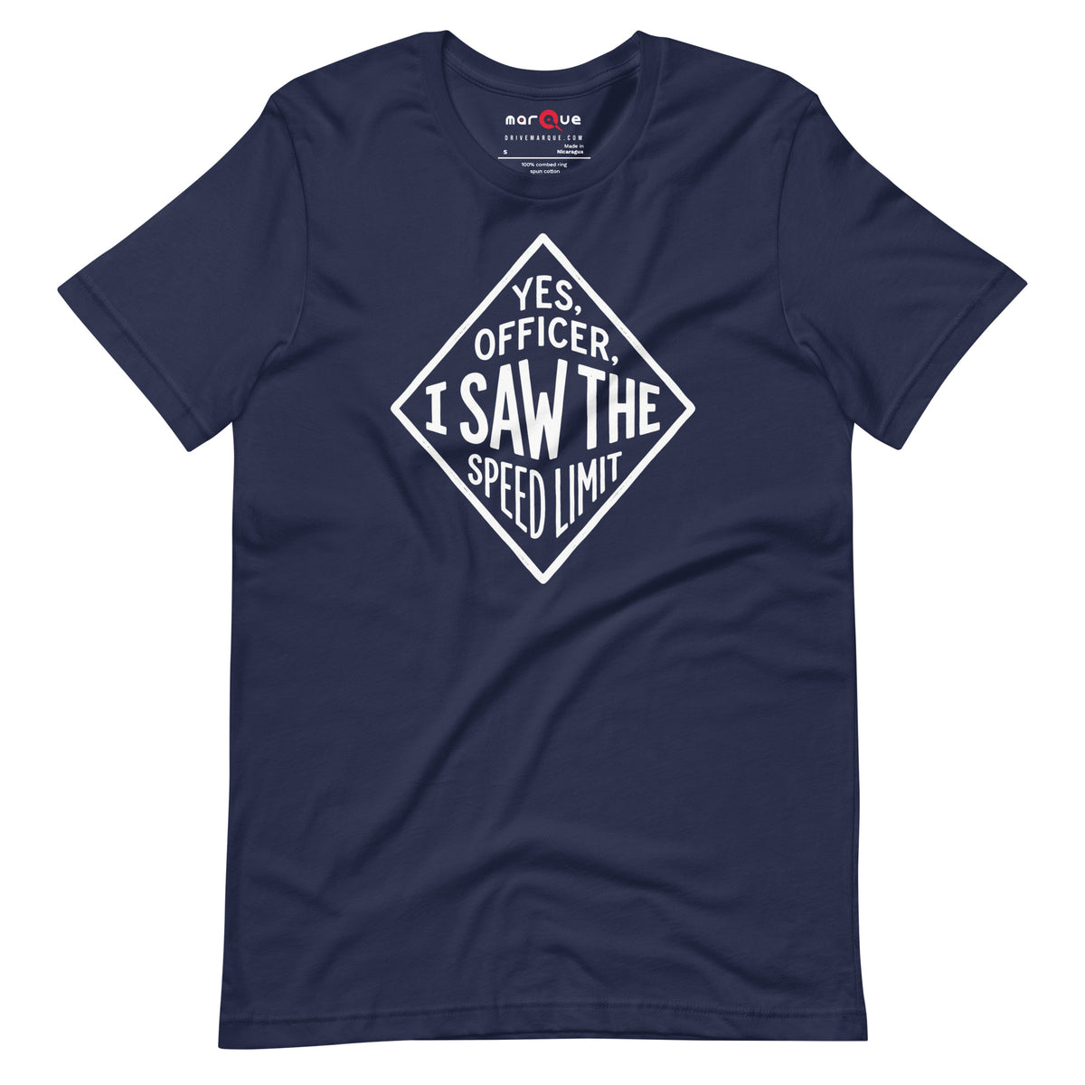 Yes Officer t-shirt in Navy — hand-lettered speed limit road sign — Marque automotive apparel
