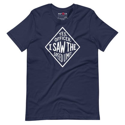 Yes Officer t-shirt in Navy — hand-lettered speed limit road sign — Marque automotive apparel