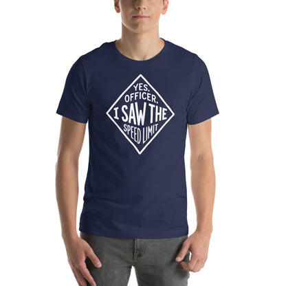Yes Officer t-shirt in Navy, worn — Marque automotive apparel