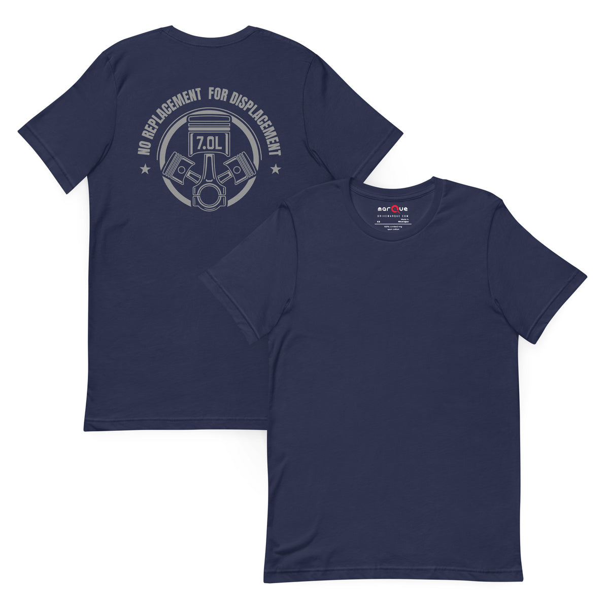 No Replacement for Displacement Tee — Big-Inch Gospel graphic t-shirt, Navy front and back — Marque automotive apparel