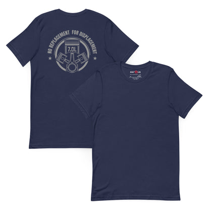 No Replacement for Displacement Tee — Big-Inch Gospel graphic t-shirt, Navy front and back — Marque automotive apparel