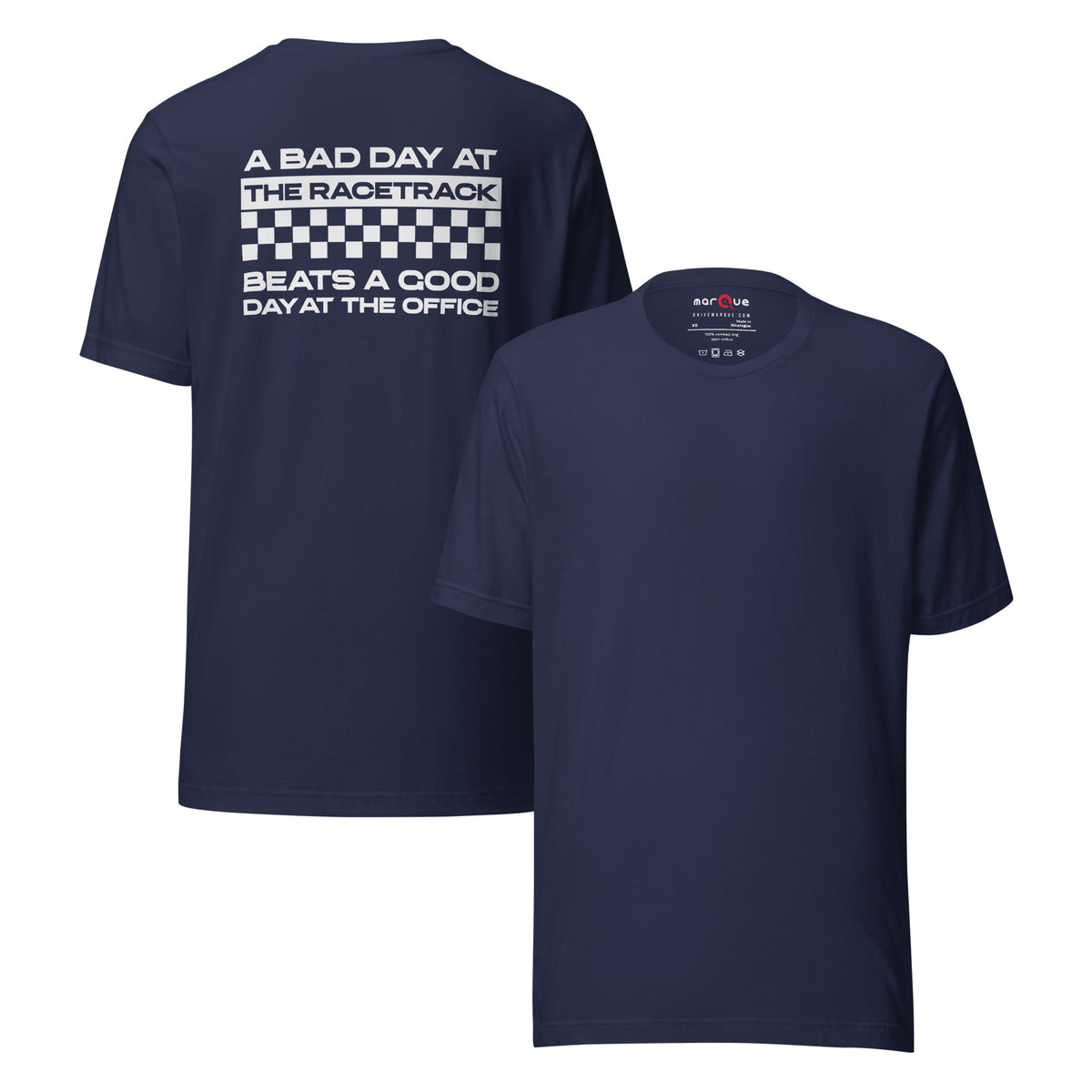 Bad Track Day Tee — Beats the Office graphic t-shirt, Navy front and back — Marque automotive apparel