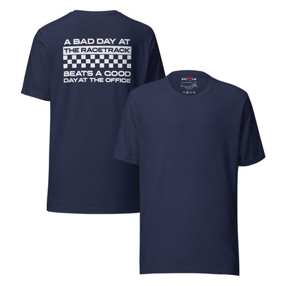 Bad Track Day Tee — Beats the Office graphic t-shirt, Navy front and back — Marque automotive apparel