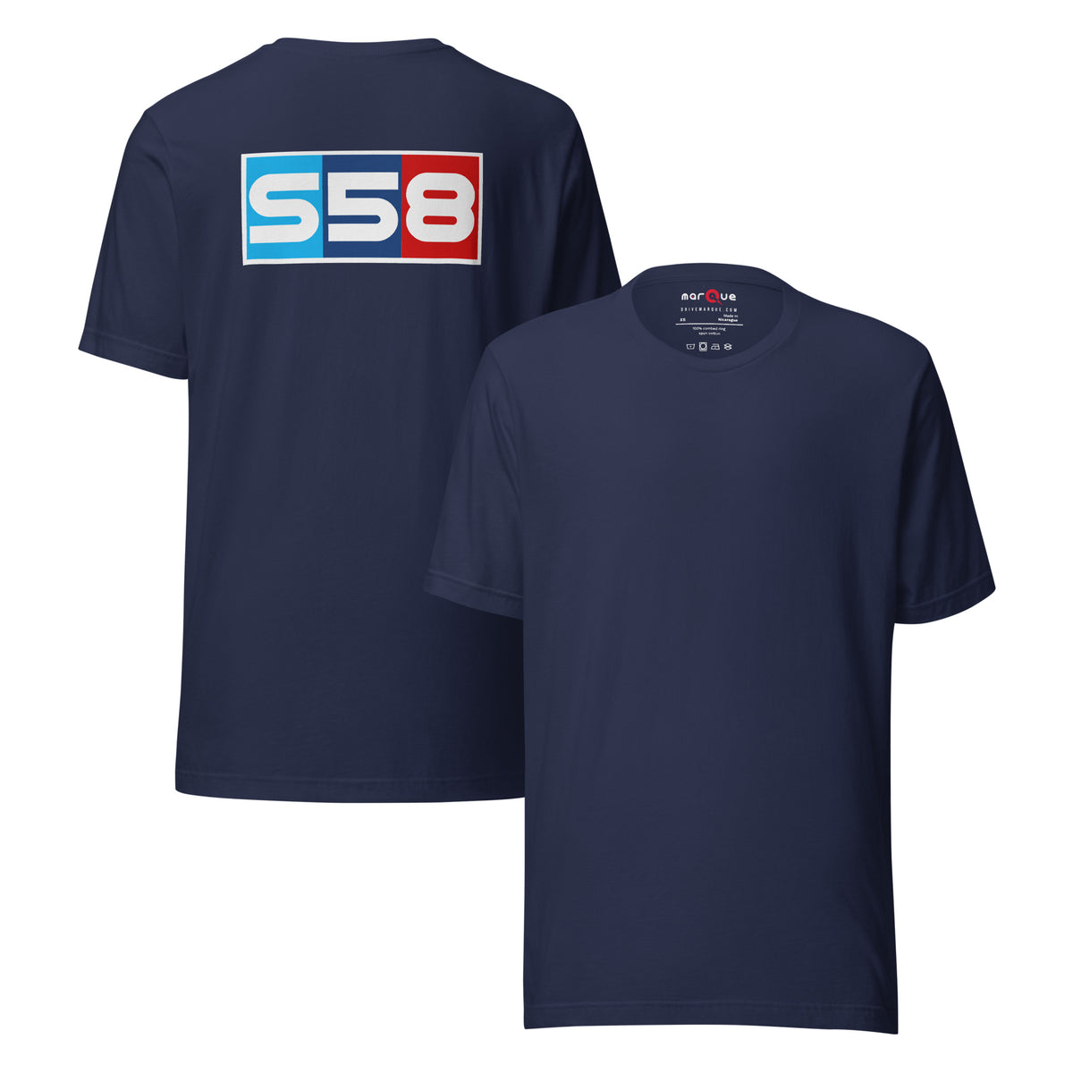 Bavarian Twin-Turbo Tee — S58 Straight-Six graphic t-shirt, Navy front and back — Marque automotive apparel