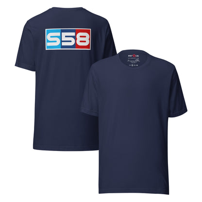 Bavarian Twin-Turbo Tee — S58 Straight-Six graphic t-shirt, Navy front and back — Marque automotive apparel