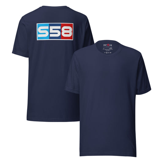 Bavarian Twin-Turbo Tee — S58 Straight-Six graphic t-shirt, Navy front and back — Marque automotive apparel
