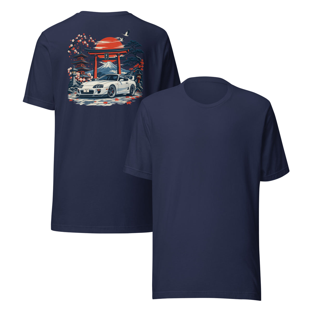 Navy A80 tee back and front together, artwork on the back only