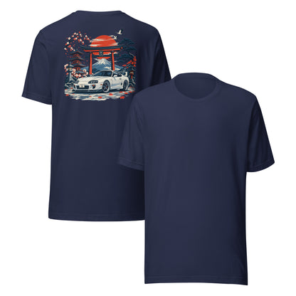 Navy A80 tee back and front together, artwork on the back only