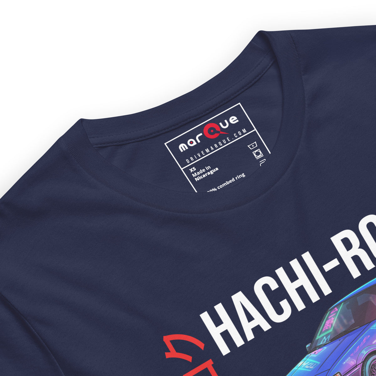 Hachi-Roku Tee — AE86 Neon graphic t-shirt, Navy print detail — Marque automotive apparel