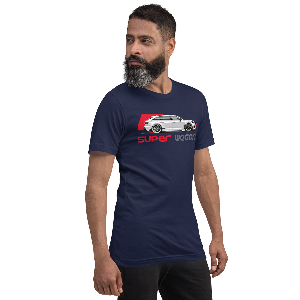 Super Wagon Tee, Navy — worn right front three-quarter view, Marque automotive apparel